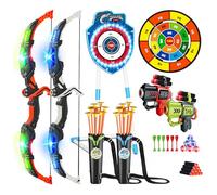 VATOS Juego de tiro con arco LED, 2 piezas, set de juguetes para niños de 5 a 12 años, arco luminoso y ventosa de tiburón, objetivo con soporte, diana de 73 cm, juguete para interior y exterior
