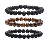 Vauki 3 pulseras de perlas de piedra natural para hombre, 8 mm, ojo de tigre, pulseras elásticas de piedras preciosas, pulsera de perlas para mujer y hombre, joyas regalos para cumpleaños, Navidad