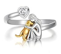 Vauki Anillo de abrazo para niña y perro, bonito anillo de plata y oro, anillo abierto de plata con corazón de circonita, joyas personalizadas y modernas, regalo de cumpleaños para mujeres