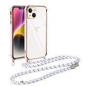 Vauki Funda con Cuerda para iPhone 14 Plus, Patrón de Corazón TPU Carcasa, con Colgante Ajustable Collar Correa para el Cuello Cadena Cuerda, AntiChoque Suave Silicona Cover para iPhone 14Plus, Blanco