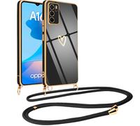 Vauki Funda con Cuerda para Oppo A16/A16s/A54s, Patrón de Corazón TPU Carcasa, Colgante Ajustable Collar Correa para el Cuello Cadena Cuerda, AntiChoque Suave Silicona Cover para Oppo A16 6.52", Negro