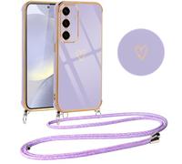 Vauki Funda con Cuerda para Samsung Galaxy S24 Plus, Patrón de Corazón TPU Carcasa, con Colgante Ajustable Collar Correa para el Cuello Cadena Cuerda, Suave Silicona Cover para Samsung S24+, Morado