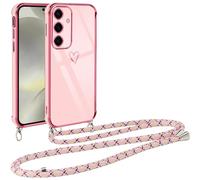 Vauki Funda con Cuerda para Samsung Galaxy S25 Plus 5G, Patrón de Corazón TPU Carcasa, con Colgante Ajustable Collar Correa para Cuello Cadena Cuerda, AntiChoque Suave Cover para Samsung S25+, Rosa