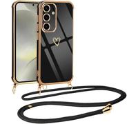 Vauki Funda con Cuerda para Samsung Galaxy S25 Plus 5G, Patrón de Corazón TPU Carcasa, con Colgante Ajustable Collar Correa para Cuello Cadena Cuerda, AntiChoque Suave Cover para Samsung S25+, Negro