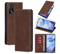 Vauki Funda Cuero para Oppo A16/A16s/A54s con 1 Cristal Templado Carcasa PU Tipo Cartera Soporte Tarjetas Case Ranuras Soporte Plegable Tapa Libro Movil Flip Caso para Oppo A16/A16s/A54s 6.52", Marrón