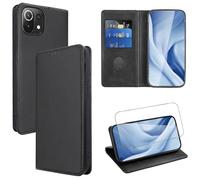 Vauki Funda Cuero para Xiaomi 11 Lite 5G NE/Mi 11 Lite 4G/5G con 1 Cristal Templado Carcasa PU Tipo Cartera Soporte Tarjetas Case RanurasTapa Libro Movil Flip Caso para Xiaomi 11 Lite 6.55", Negro