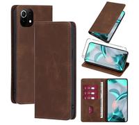 Vauki Funda Cuero para Xiaomi 11 Lite 5G NE/Mi 11 Lite 4G/5G con 1 Cristal Templado Carcasa PU Tipo Cartera Soporte Tarjetas Case Ranuras Soporte Plegable Tapa Libro Movil Flip Caso 6.55", Marrón