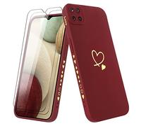Vauki Funda para Samsung Galaxy A12/M12/A12 Nacho con 2 Piezas Cristal Templado Carcasa con Amor Corazón Mujer Suave Silicona TPU Antigolpes Anti-Arañazos Case para Samsung A12, Vino Rojo