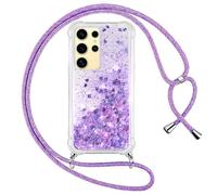 Vauki Funda para Samsung Galaxy S24 Ultra con Cuerda, Transparente Silicona Glitter Liquida Colgar Colgante Cristal Suave Carcasa, Brillante Arena Movediza con Cordón Case, Púrpura
