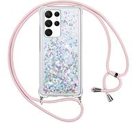 Vauki Funda Samsung Galaxy S22 Ultra 5G con Cuerda,Transparente Silicona Glitter Liquida Colgar Colgante Cristal Suave Carcasa,Brillante Arena Movediza con Cordón Case para Samsung S22 Ultra