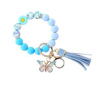 Vauki Llavero de perlas de silicona con diseño de margaritas azules con colgante de mariposa y borla, pulsera de resina para llaves de coche