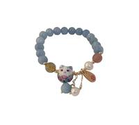 Vauki Pulsera de gato de la suerte con jade azul, perlas y cristal - Pulsera Maneki Neko hecha a mano para prosperidad, riqueza - Pulsera china elástica para mujer, diseño de animales