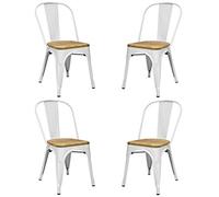 Vaukura Silla Tolix (Pack 4) - Silla Industrial Metalica Mate Asiento Madera (Blanco)