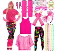 Vautvis Disfraz Años 80 Mujer, Disfraz Gimnasta Años 80 90 mujer, 26 Accesorios de Disfraz de Los 90, Encaje de Pendientes Fishnet Guantes Collar Pulsera Juego de Fiesta de Cosplay Retro (L)