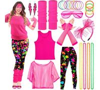Vautvis Disfraz Años 80 Mujer, Ropa Años 80 90 Disfraz, 26 Accesorios de Disfraz de Los Años 80, Encaje de Pendientes Fishnet Guantes Collar Pulsera Juego de Fiesta de Cosplay Retro (L)