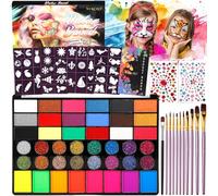 Vautvis Pintacaras Infantil, 42 Colores Pintura Cara para Niños Halloween Con 11 Pinceles, 40 Plantillas, 2 Diamond Stickers, Pintura Facial Niños, Maquillaje para Halloween Fiesta Carnaval