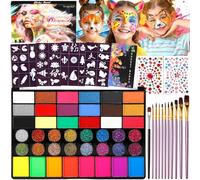 Vautvis Pintura Cara Niños, 42 Colores Pintacaras Infantil con 11 Pinceles, 40 Plantillas, 2 Pegatinas De Diamantes, Pinturas Cara para Niños Hipoalergenica, Maquillaje Carnaval Halloween