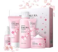Vawolecy Kit de Belleza Sakura Vawolecy para Mujer en Tamaño Viaje - Gel Limpiador, Tónico Facial, Sérum, Crema Contorno de Ojos y Crema de Día (5 Productos)