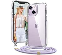 Vaykwo Funda con Cordón para iPhone 13/iPhone 14 de 6,1 Pulgadas, Funda con Correa Ajustable para el Cuello para iPhone 13/14, Funda Transparente de 360 Grados con Correa para el Cuello, Púrpura