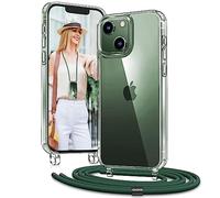 Vaykwo Funda con Cuerda para iPhone 13/iPhone 14 de 6,1 Pulgadas, Funda con Cordón Ajustable para el Cuello para iPhone 13/14, Funda Transparente con Correa para el Cuello, Verde Oscuro