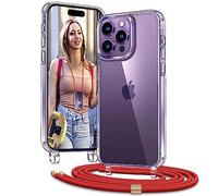 Vaykwo Funda con Cuerda para iPhone 14 Pro de 6,1 Pulgadas, Funda con Cordón Ajustable para el Cuello para iPhone 14 Pro, Funda Transparente con Correa para el Cuello, Rojo