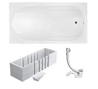 VBChome Bañera 140 x 70 cm Acrílico Set 3 en 1 Soporte para Bañera Sifón Bañera Rectángulo Diseño Blanco Moderno Soporte de Poliestireno Desagüe en Cromo Simplex (140 x 70 cm, Soporte para Bañera)