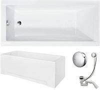 VBChome Bañera 150x70 cm Juego de Acrílico Delantal Sifón Bañera de Acrílico Rectángulo Diseño Blanco Pies de Baño Modernos Grifo de Desagüe Cromo Simplex