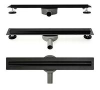 VBChome Canaleta de ducha de 70 cm, color negro, desagüe plano y estrecho, sifón autolimpiable con antiolor, juego completo de desagüe de ducha de acero inoxidable de 70 cm, altura ajustable,