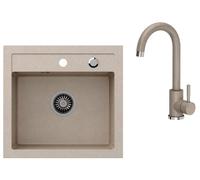 VBChome Fregadero con grifo, 50 x 47 cm, de granito, color beige, para empotrar, para cocina, empotrable, con sifón