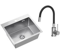 VBChome Fregadero de acero inoxidable con grifo, 50 x 45 cm, acero inoxidable cepillado, empotrable con orificio para grifo, acero inoxidable, con caño flexible