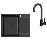 VBChome Fregadero de acero inoxidable con grifo Fregadero empotrado de acero inoxidable negro de 60 x 48 cm Fregadero de dos orificios Fregadero de cocina de lavabo grande con escurridor Grifo de coc