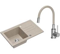 VBChome Fregadero de granito beige con grifería, 70 x 44 cm, para empotrar individual, moteado, reversible, de granito, sifón, color beige, grifo con caño flexible