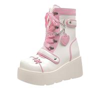 VBEDKDEB Boots Botas de media pantorrilla para mujer, botas de moto punk con suela gruesa, botas de moto para mujer, botas medianas negras, rojo, 40 EU