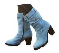 VBEDKDEB Boots - Botas de media pantorrilla para mujer, con bolsillo lateral, tacón de bloque decorado, vaquero retro, altura media pantorrilla, azul claro, 38.5 EU