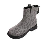 VBEDKDEB Botas de mujer mediados de pantorrilla botas estampado leopardo británico gran tamaño trasero cremallera corta botas gruesas fondo redondo cabeza retro para mujeres motocicleta damas, gris