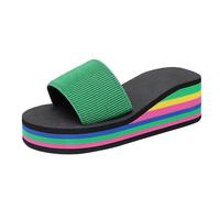 VBEDKDEB Pantoletten Damen Sommer Sandalen Slides Damen Rainbow Thick Sole Flip Flops mit Plattform High Heels Colorful Straps For Vacation Summer Casual Beach Wear Sommerschuhe, verde, 40 EU