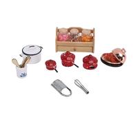 VBESTLIFE Accesorios de Cocina para Casa de Muñecas, Miniaturas a Escala 1:12 con Estante de Tilo, Ollas de Metal, Utensilios y Tarro de Almacenamiento para Escenas de Casa de Muñecas