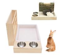 VBESTLIFE Comedero de Heno para Conejos 3 en 1, Soporte de Madera para Heno con Caja de Integrada y Cuencos de Acero Inoxidable, Estante para Comida de Hierba de Gran Capacidad para