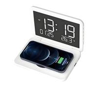 VBESTLIFE Reloj de Carga Inalámbrica, Espejo LED Plegable de Carga Rápida de 15 W con Pantalla LCD de Brillo Ajustable para la Mesita de Noche (White)