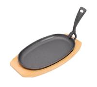 VBESTLIFE Sartén Ovalada de Hierro Fundido para Fajitas, Plato de Carne Chisporroteante con Base de Madera y Mango para Estufa de Gas para Barbacoa de Restaurante