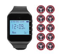 VBESTLIFE Sistemas Inalámbricos de Buscapersonas para Llamadas de Restaurante, Reloj Receptor LCD con 10 Campanas de Escritorio de 4 Teclas, Resistente Al Agua IPX4, para Restaurante de (Rojo)