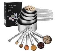 VBOK IGFE - Juego de 12 tazas medidoras y cucharas medidoras de acero inoxidable de primera calidad, 5 tazas medidoras y 6 cucharas medidoras con nivelador, para ingredientes secos y líquidos