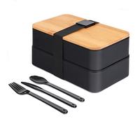 VBOK IGFE Modern Japanese Bento Box - Juego de 3 piezas con tapa de bambú y 3 cubiertos, rectangular, 1200 ml, color negro