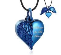 VCCWYQK Collares de urna de corazón con alas de ángel para cenizas, colgante conmemorativo para mujeres y hombres, joyería de cremación (Azul)