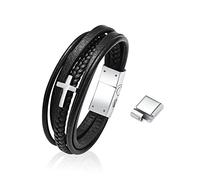 VCCWYQK Pulseras de cruz de acero inoxidable trenzado multicapa para hombre, cuerda de cuero, pulseras inspiradoras, pulsera de cremación, regalo para hombres, 20.5-22cm, Acero inoxidable