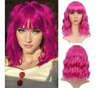 VCKOVCKO Pelucas cortas estilo Bob, color rosa intenso, ondulada, con flequillo de aire, para mujer, longitud al hombro, peluca rizada, ondulada, sintética, para cosplay, peluca de colores pastel para