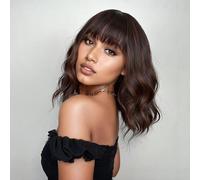 VCKOVCKO Pelucas cortas estilo Bob marrón mezcla naranja peluca ondulada con flequillo de aire para mujer, longitud del hombro, peluca sintética ondulada para cosplay, mezcla marrón y naranja para