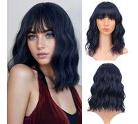 VCKOVCKO Pelucas cortas estilo Bob mezcla de negro azul real, peluca ondulada con flequillo de aire, para mujer, longitud al hombro, rizada, ondulada, sintética, para cosplay (12 pulgadas, mezcla de