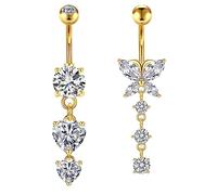 Vcmart 2pcs Barra de ombligo 10mm Acero Quirúrgico Anillo de ombligo 14G Corazón de mariposa con piercing en el vientre Colgante Joyería de oro