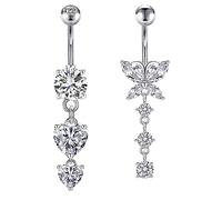 Vcmart 2pcs Barra de ombligo 10mm Acero quirúrgico Anillo de ombligo 14G Mariposa Corazón Colgante Vientre Piercing Joyería de Plata
